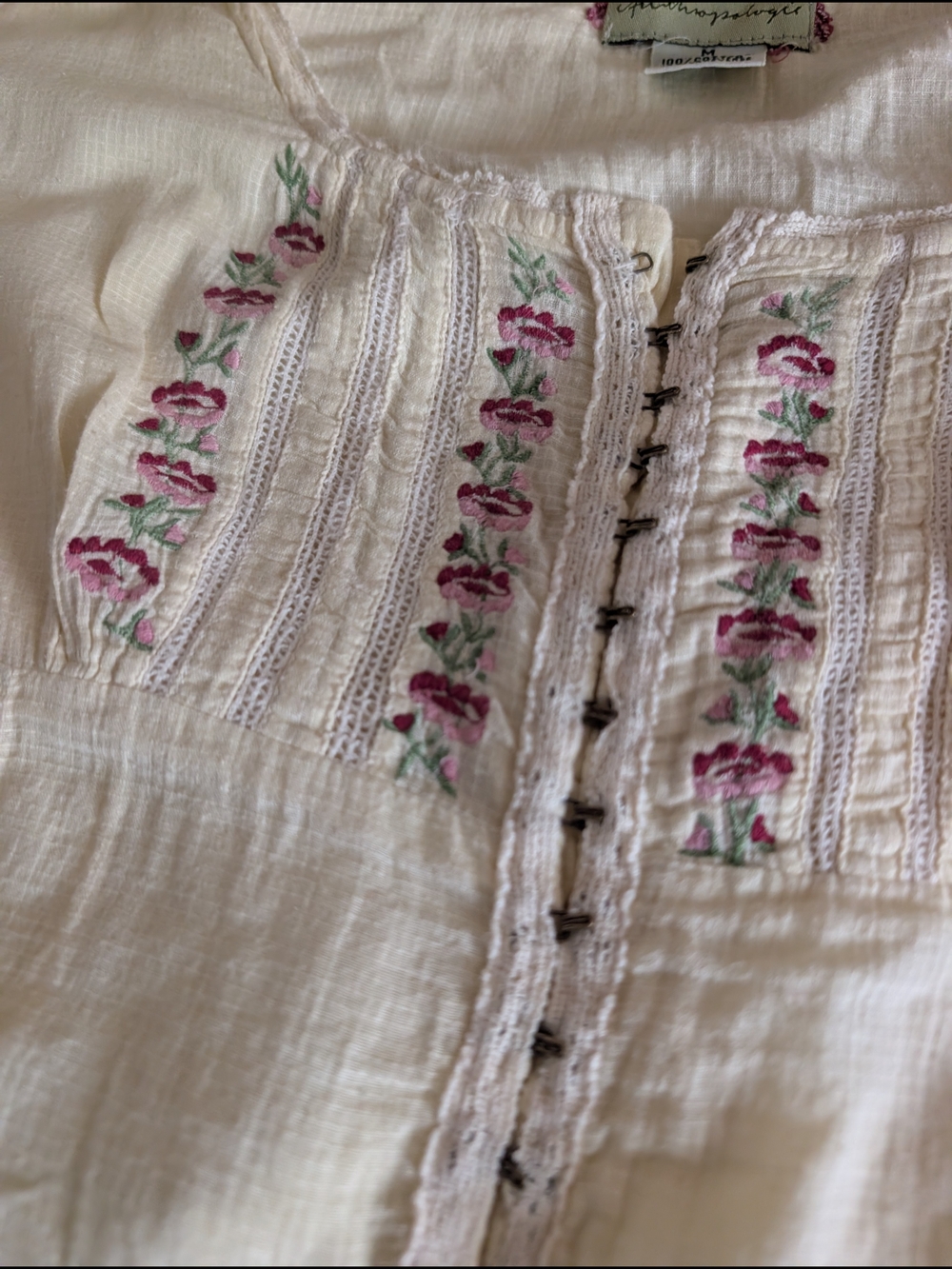 Anthropologie Cream Embroidered Cotton Peasant Top with Pink & Green Detail - Picture 2 of 6